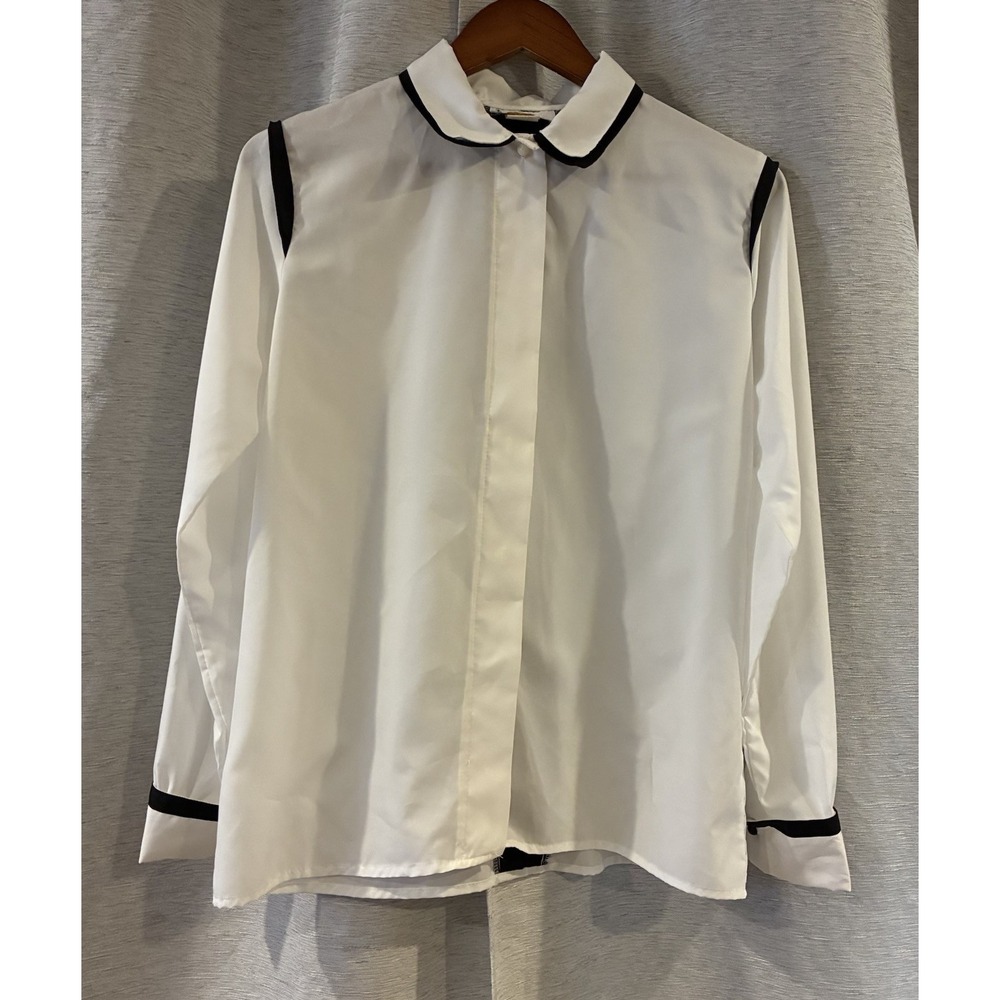 TR Bentley Vintage White Black Trim Button Up Office Career Blouse Womens 12